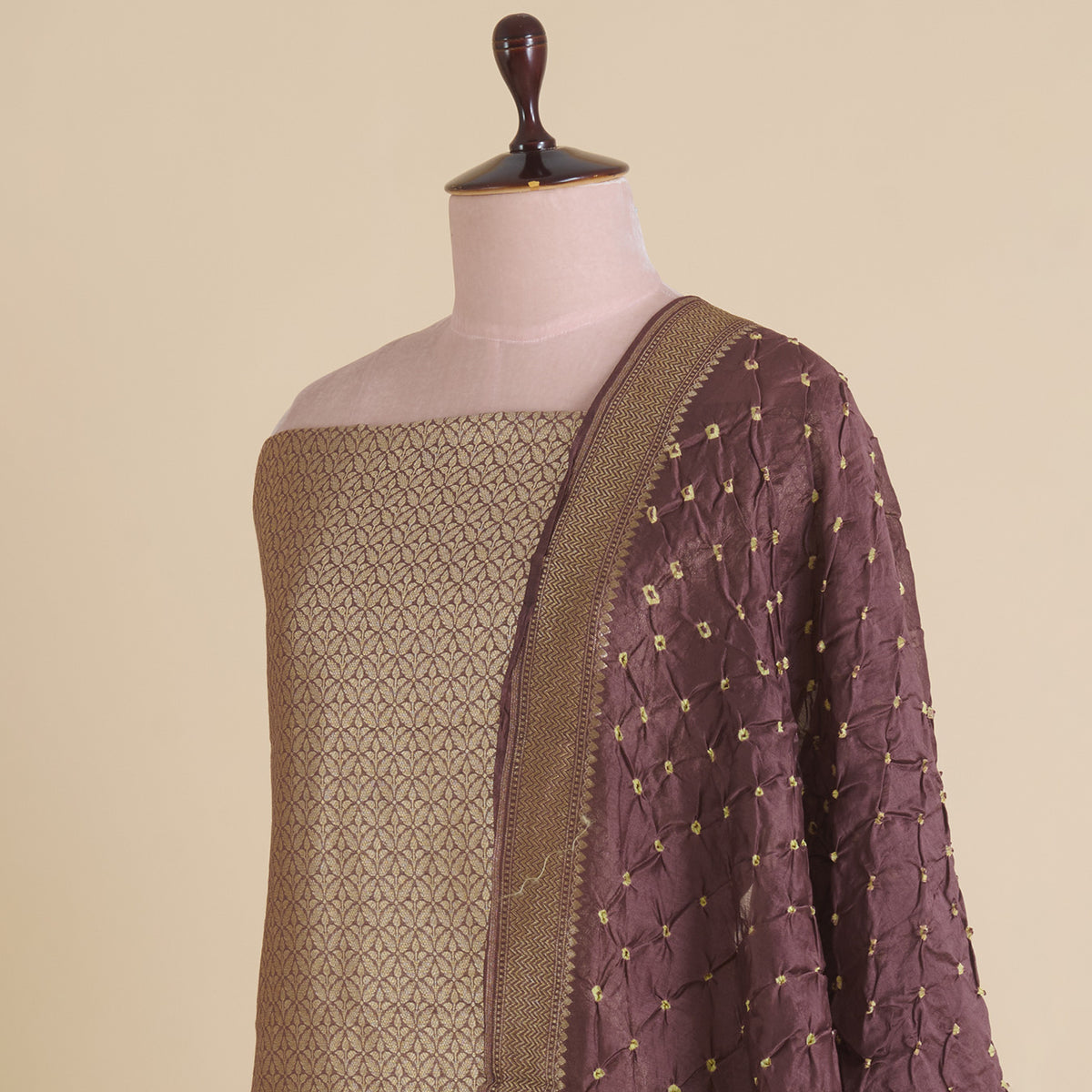 Brown Chanderi Brocade Jaal Kurta with Bandhej Woven Dupatta