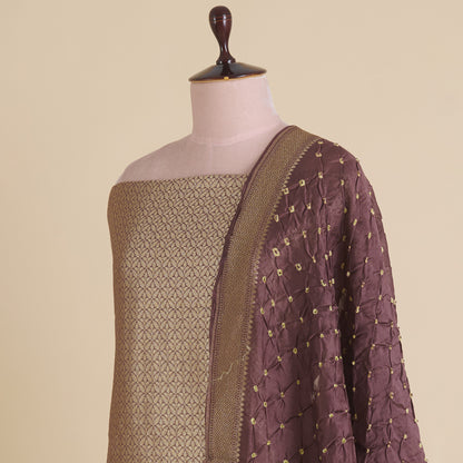 Brown Chanderi Brocade Jaal Kurta with Bandhej Woven Dupatta