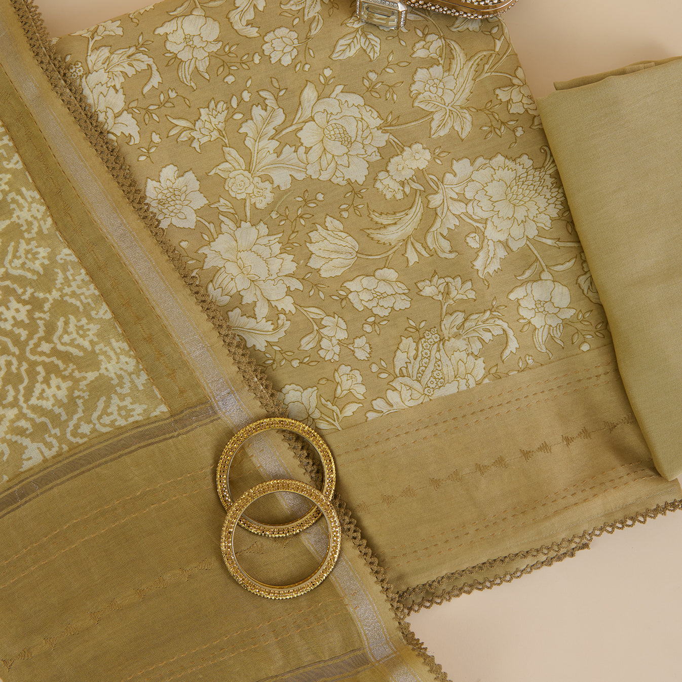 Beige Chanderi Silk Printed Kurta with Katha Stitch Embroidery