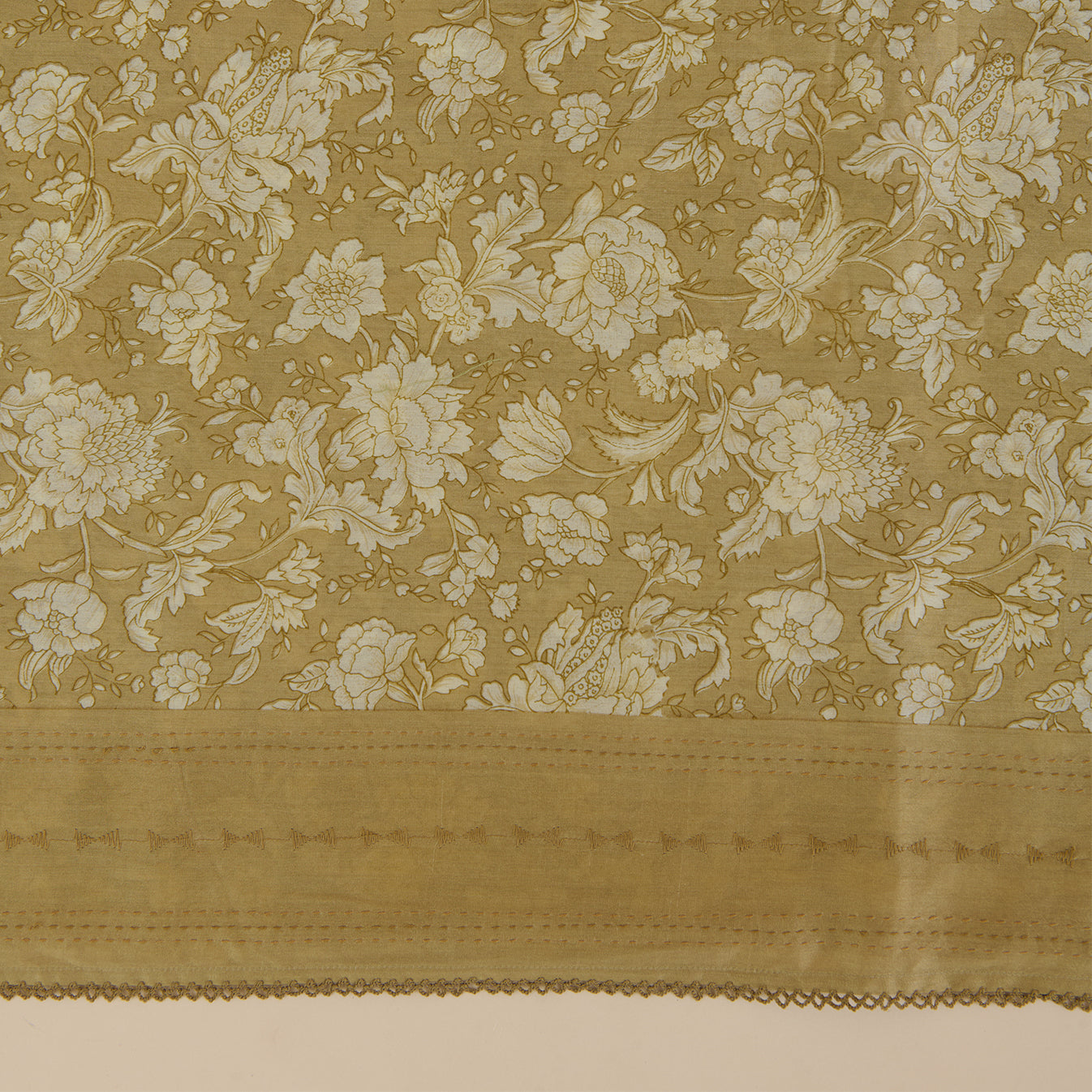 Beige Chanderi Silk Printed Kurta with Katha Stitch Embroidery