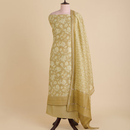 Beige Chanderi Silk Printed Kurta with Katha Stitch Embroidery