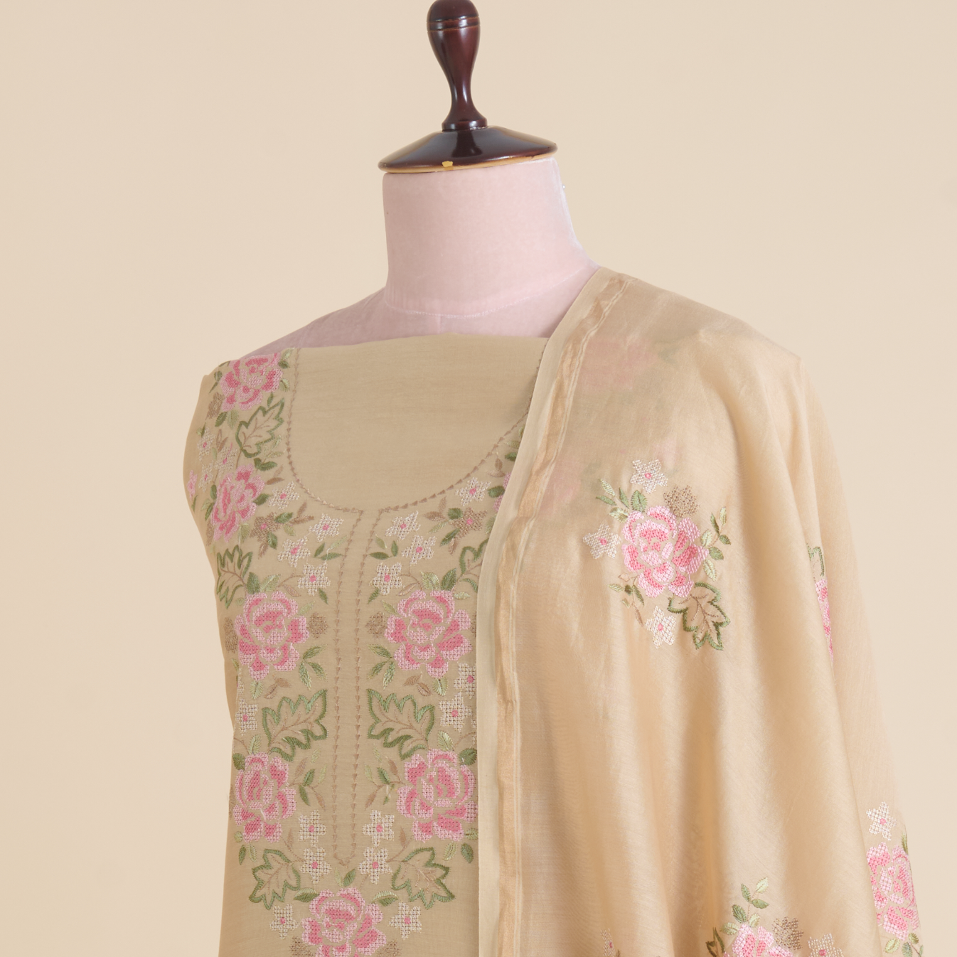 Beige Gold Chanderi Resham Embroidered Suit Set