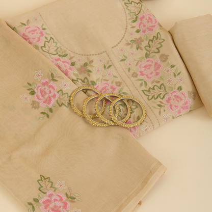 Beige Gold Chanderi Resham Embroidered Suit Set