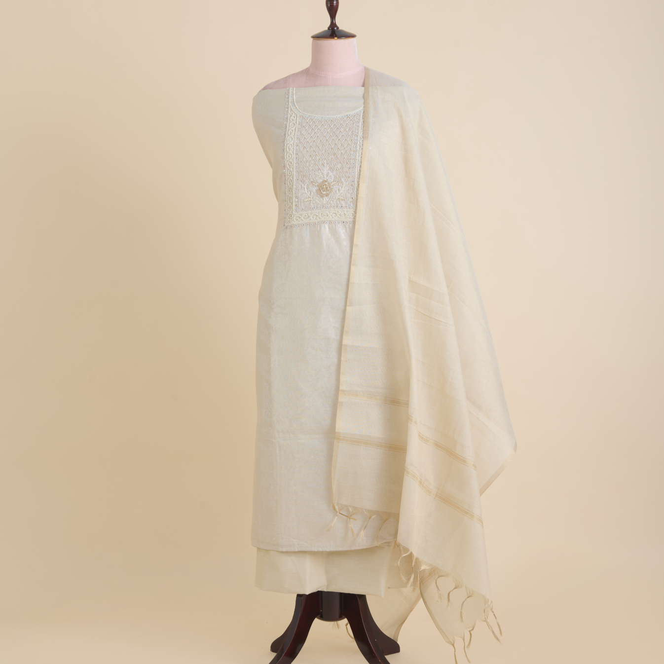 Beige Chanderi Tissue Embroidered Kurta Set with Dupatta