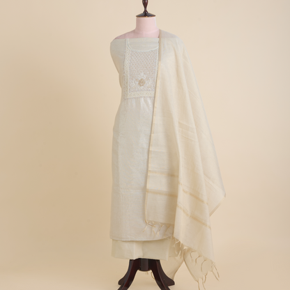 Beige Chanderi Tissue Embroidered Kurta Set with Dupatta