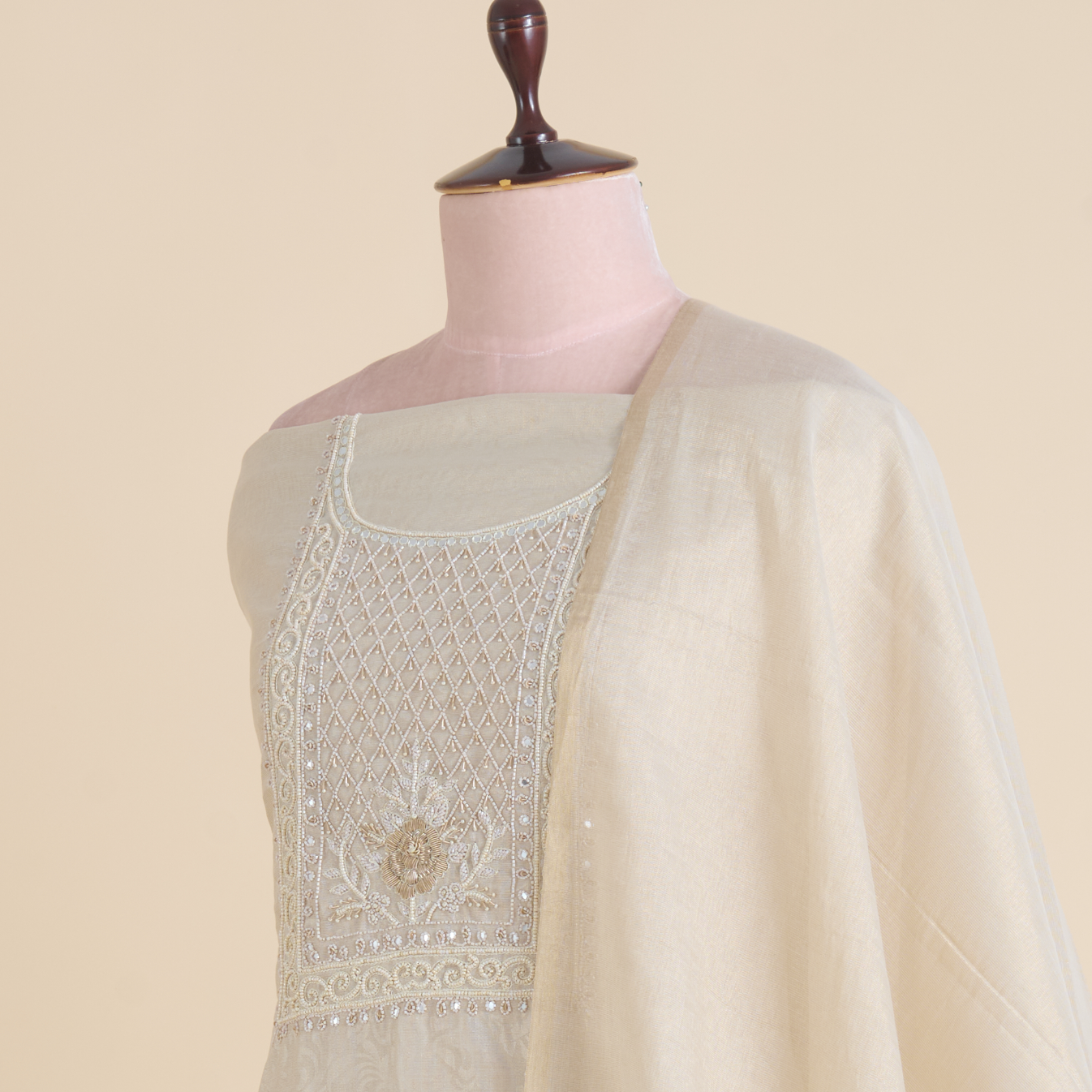 Beige Chanderi Tissue Embroidered Kurta Set with Dupatta