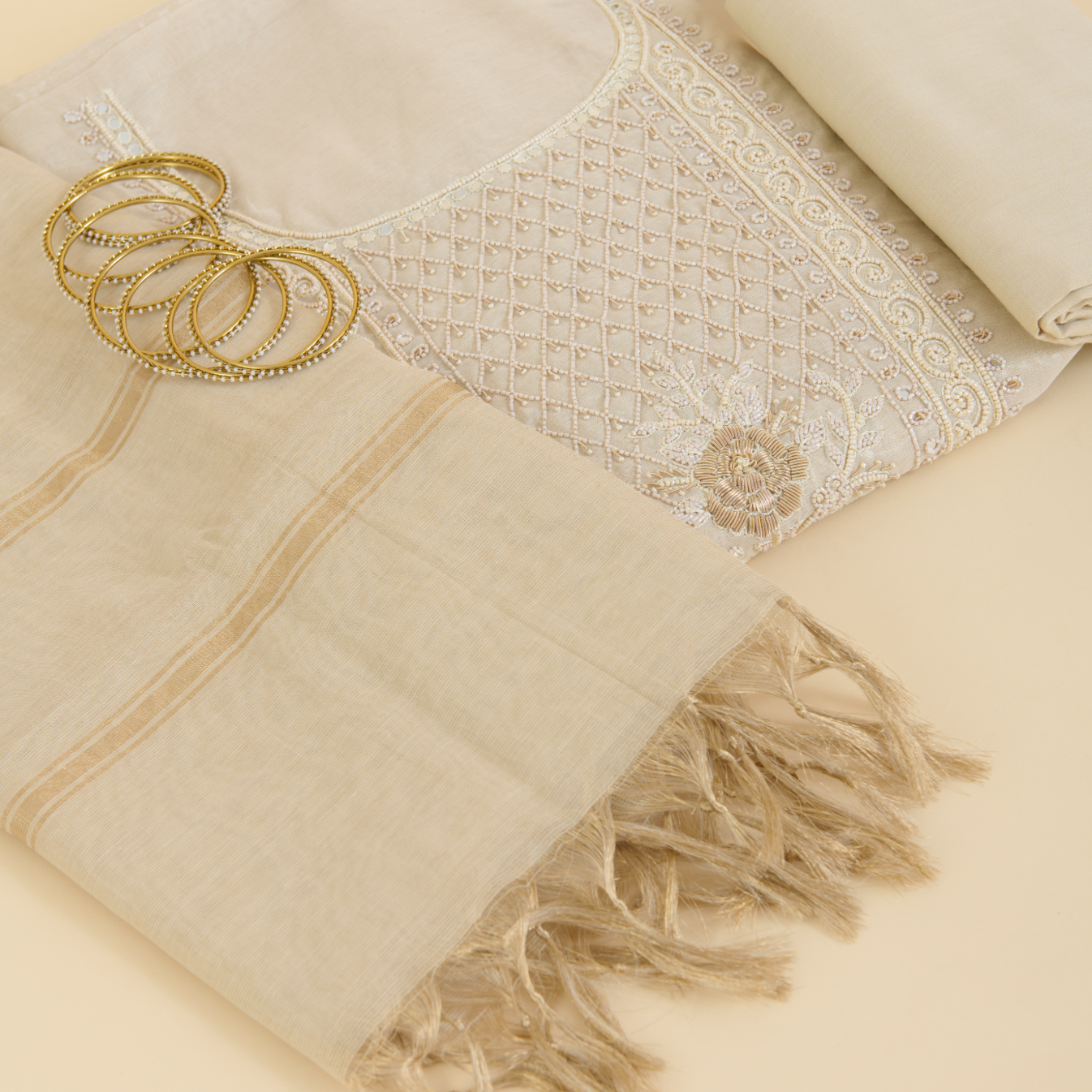 Beige Chanderi Tissue Embroidered Kurta Set with Dupatta