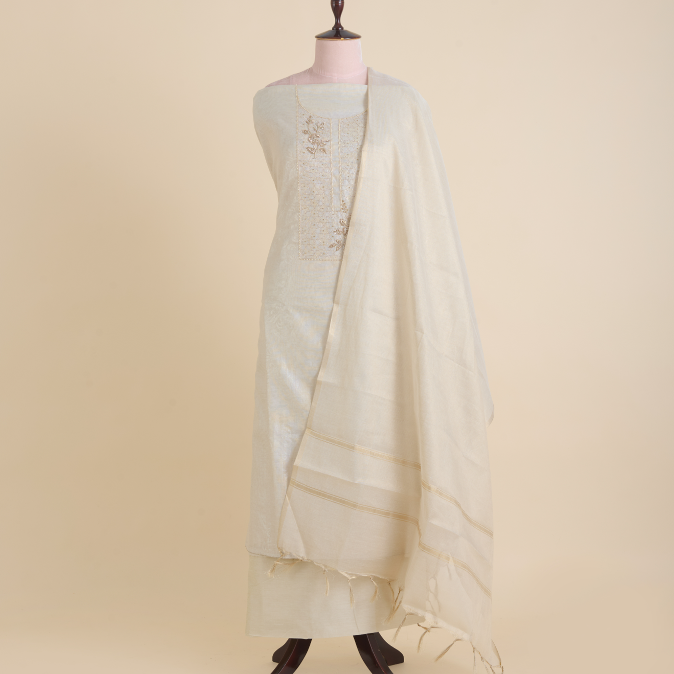 Beige Chanderi Tissue Zardozi Embroidered Kurta Set