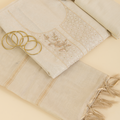 Beige Chanderi Tissue Zardozi Embroidered Kurta Set