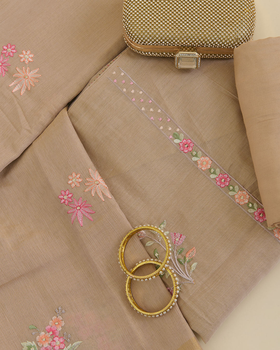 Tissue Chanderi embroidered kurta set in beige with resham and zari work, matching dupatta and shantoon bottom