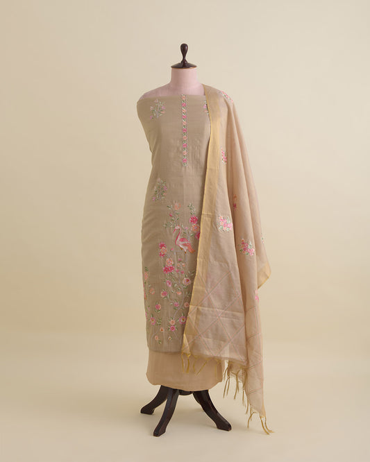 Tissue Chanderi embroidered kurta set in beige with resham and zari work, matching dupatta and shantoon bottom