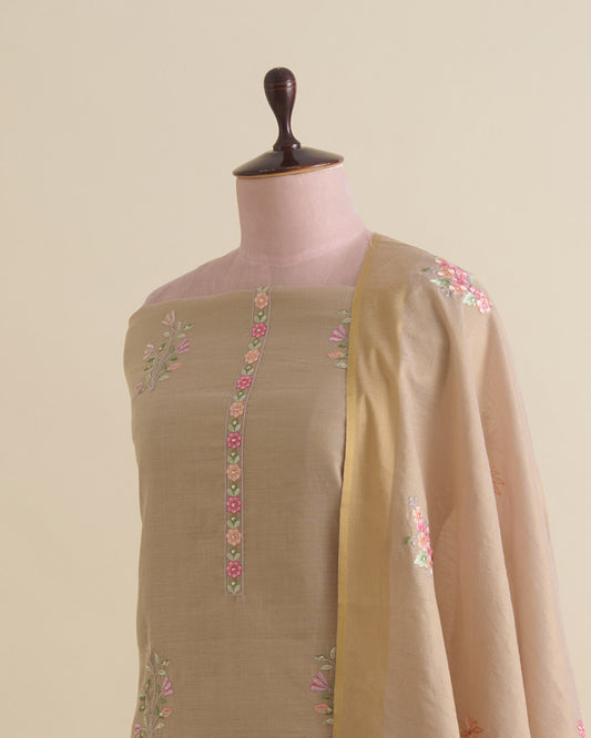 Tissue Chanderi embroidered kurta set in beige with resham and zari work, matching dupatta and shantoon bottom