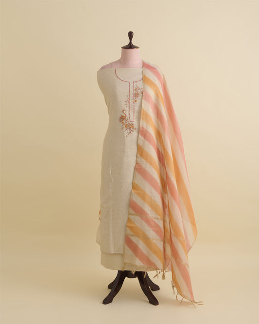 Beige-Red Chanderi Embossed Tissue Kurta Set with Zardozi Work & Leheriya Dupatta