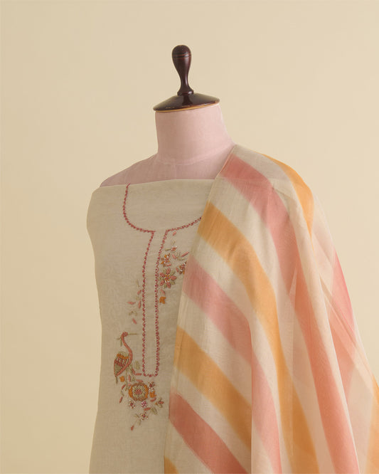 Beige-Red Chanderi Embossed Tissue Kurta Set with Zardozi Work & Leheriya Dupatta