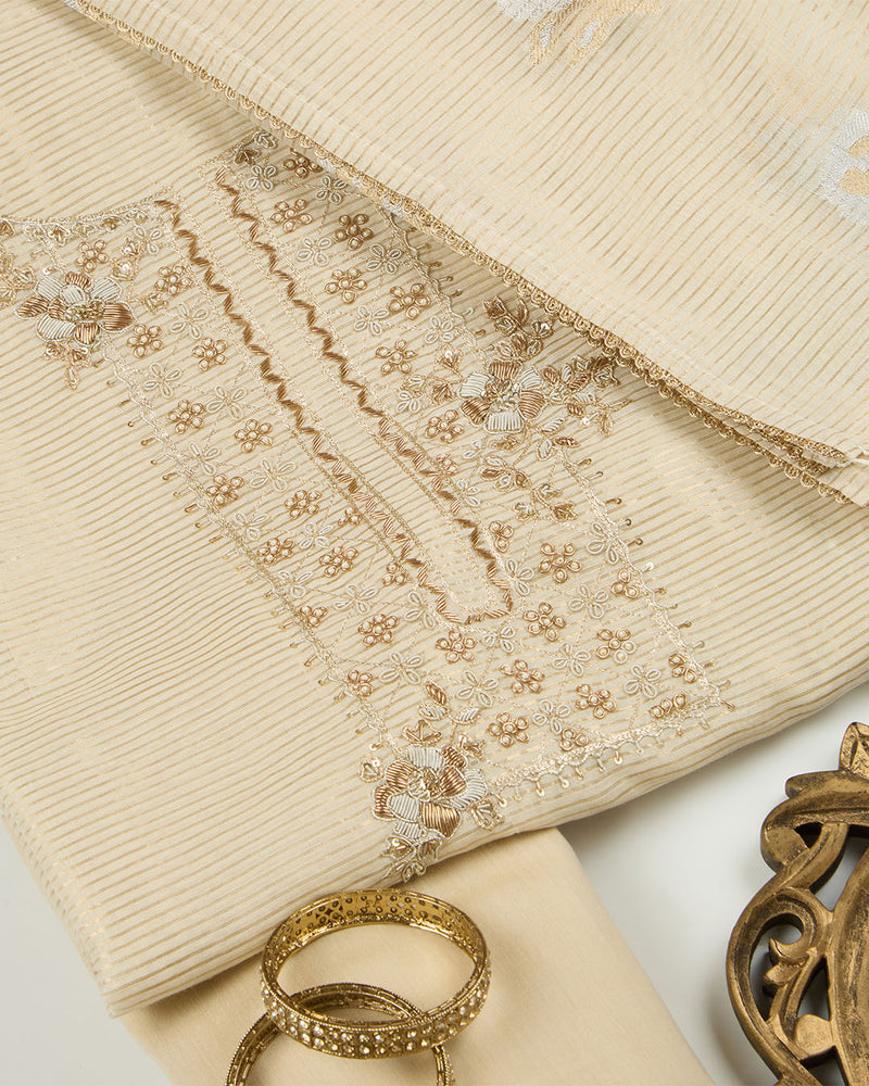 Beige Chanderi Lurex Suit with Zardozi and Pearl Work