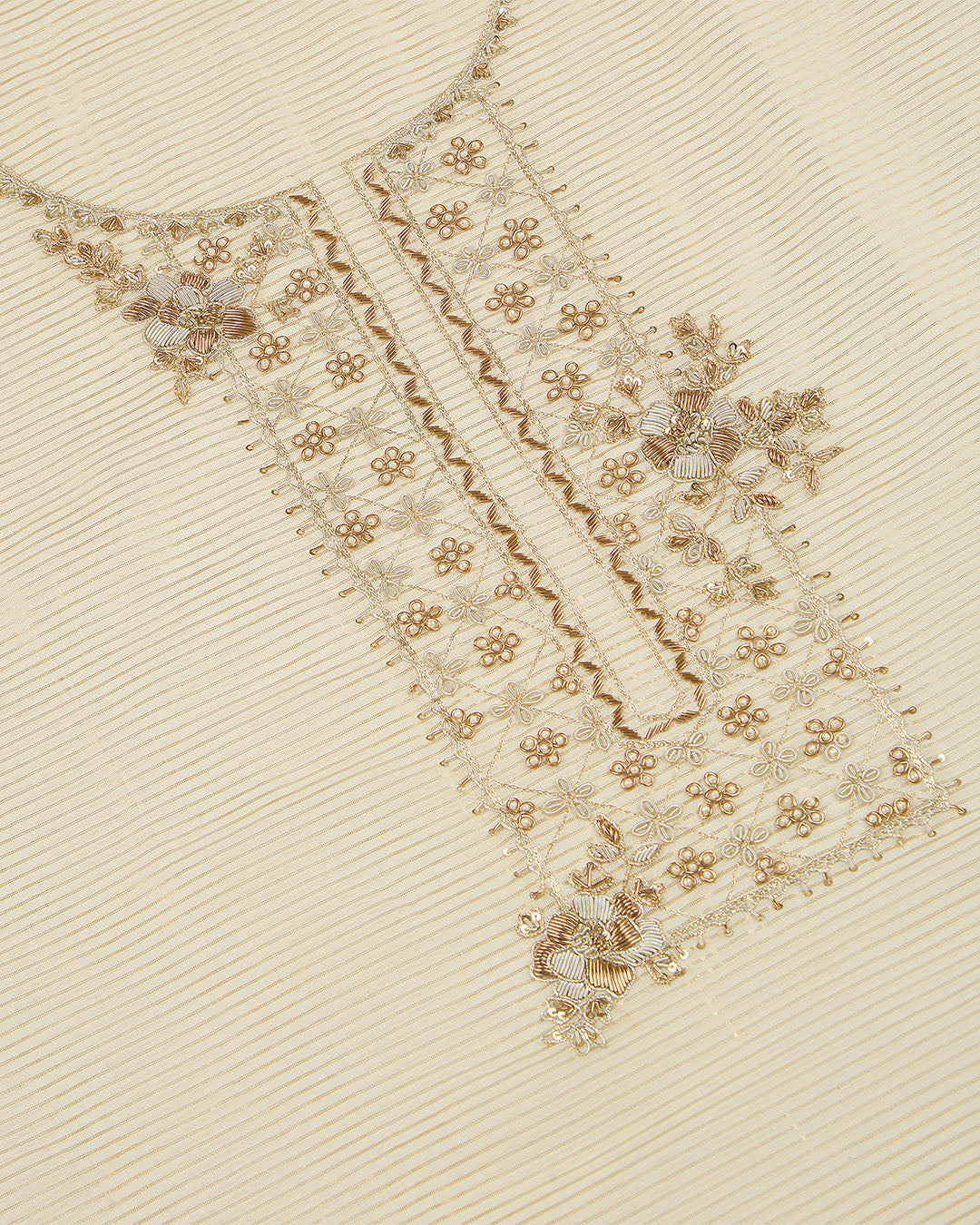 Beige Chanderi Lurex Suit with Zardozi and Pearl Work