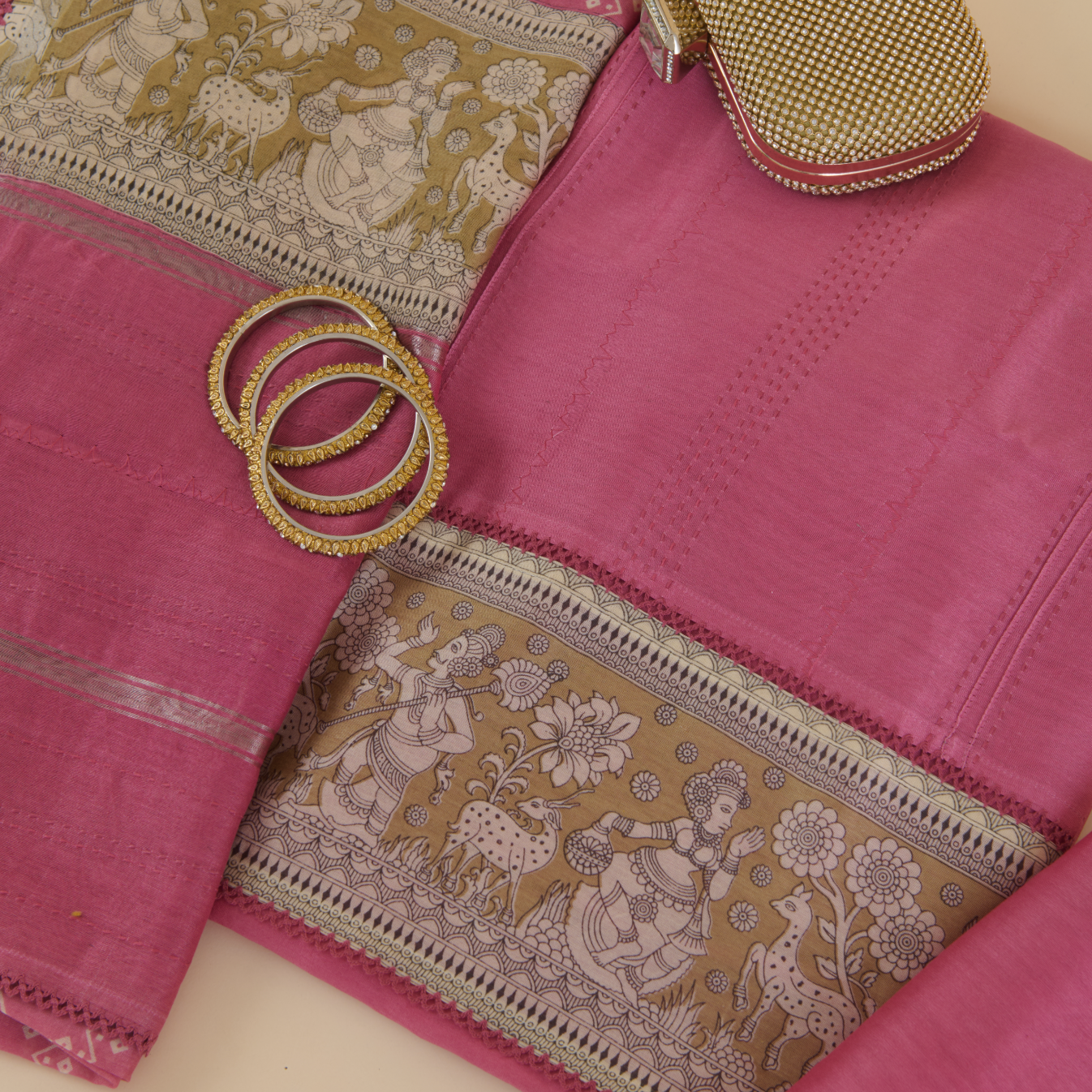 Carrot Pink Chanderi Katha Stitch Embroidered Suit