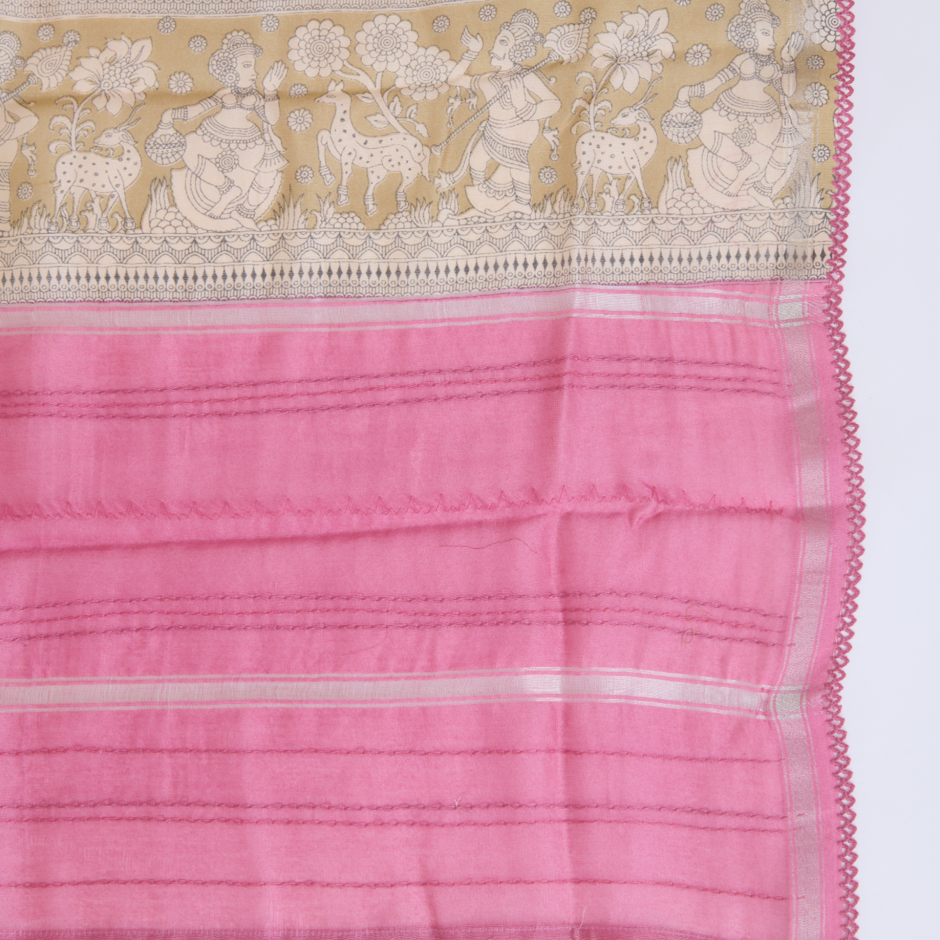 Carrot Pink Chanderi Katha Stitch Embroidered Suit