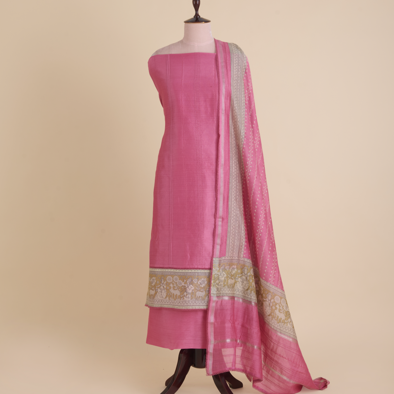 Carrot Pink Chanderi Katha Stitch Embroidered Suit