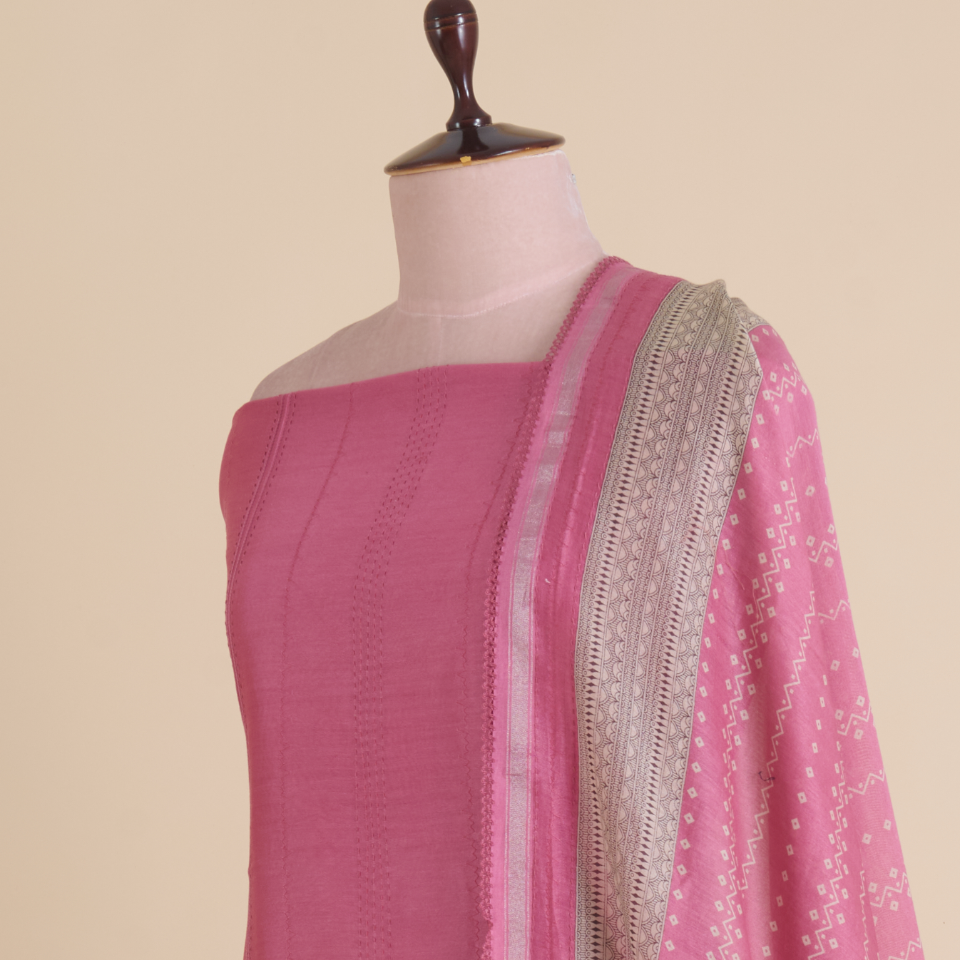 Carrot Pink Chanderi Katha Stitch Embroidered Suit