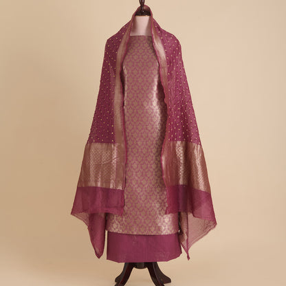 Dusty Purple Chanderi Brocade Jaal Suit with Bandhej Dupatta