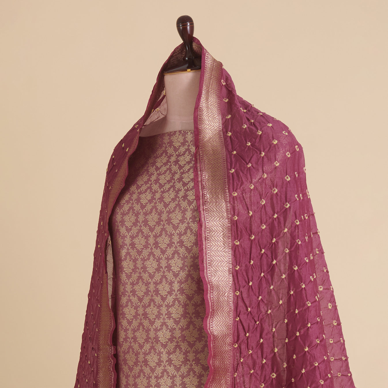 Dusty Purple Chanderi Brocade Jaal Suit with Bandhej Dupatta