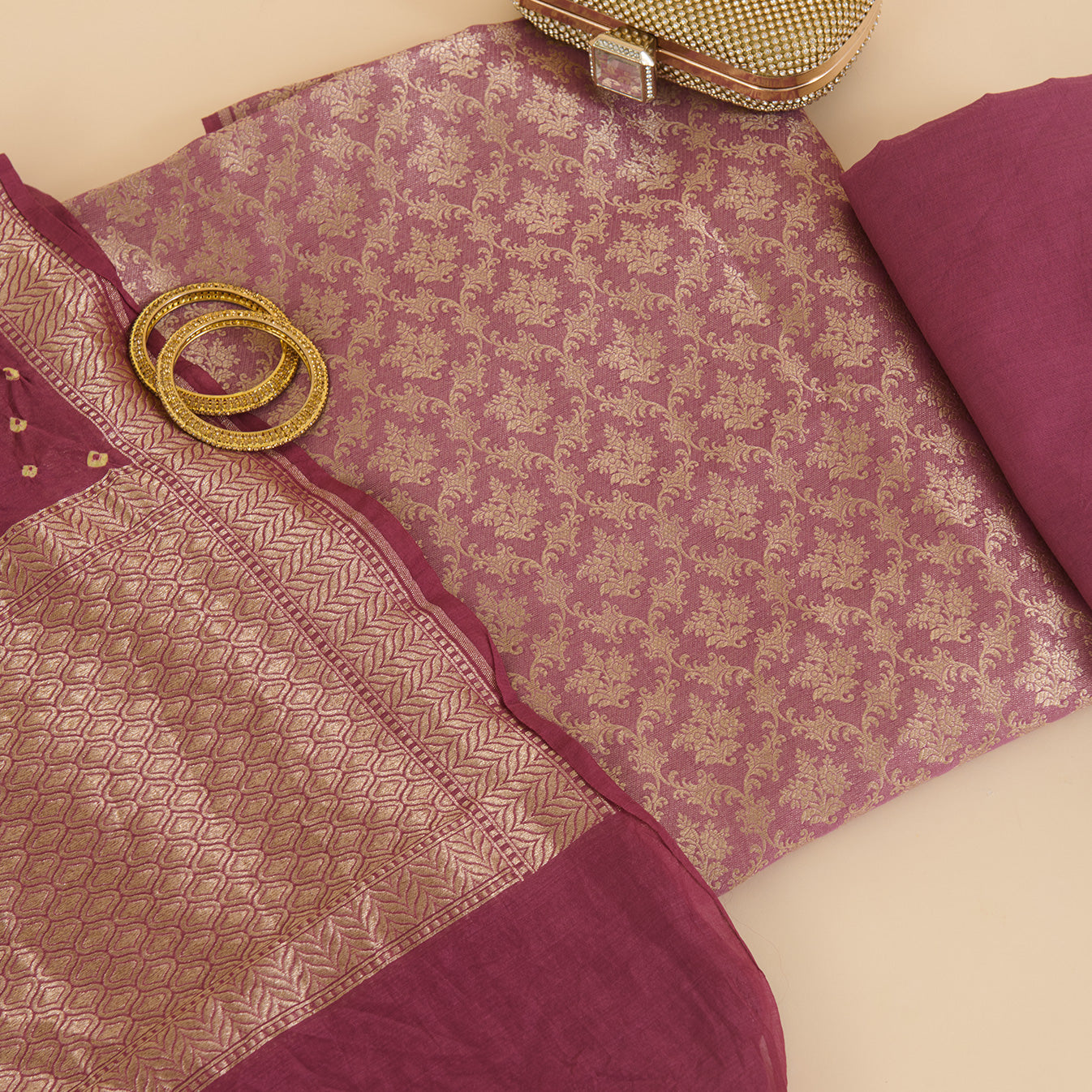 Dusty Purple Chanderi Brocade Jaal Suit with Bandhej Dupatta