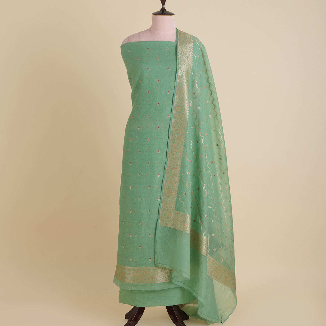 Dusty Green Chanderi Woven Zari Buti Kurta Set