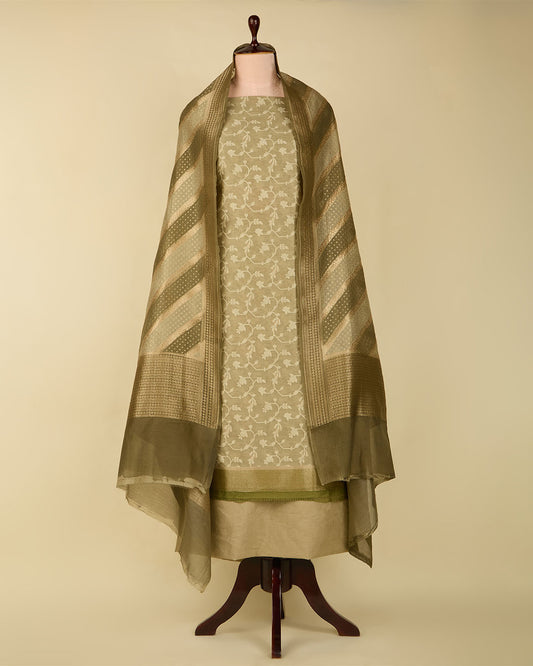 Dusty Green Chanderi Woven Suit Set with Rangkath Dupatta and Plain Bottom