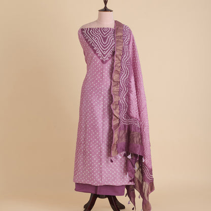 Dusty Mauve Chanderi Bandhej Suit with Woven Border Dupatta