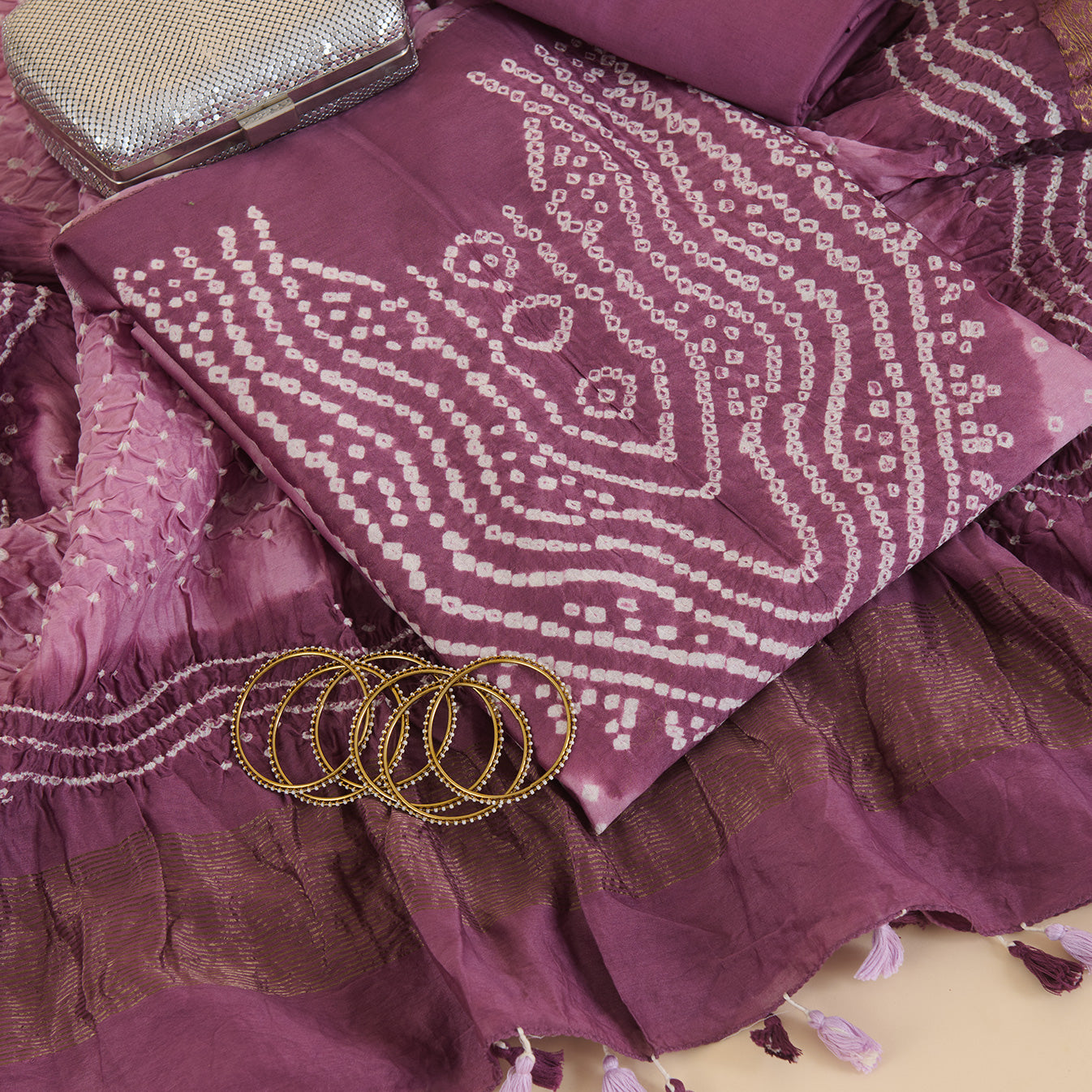 Dusty Mauve Chanderi Bandhej Suit with Woven Border Dupatta