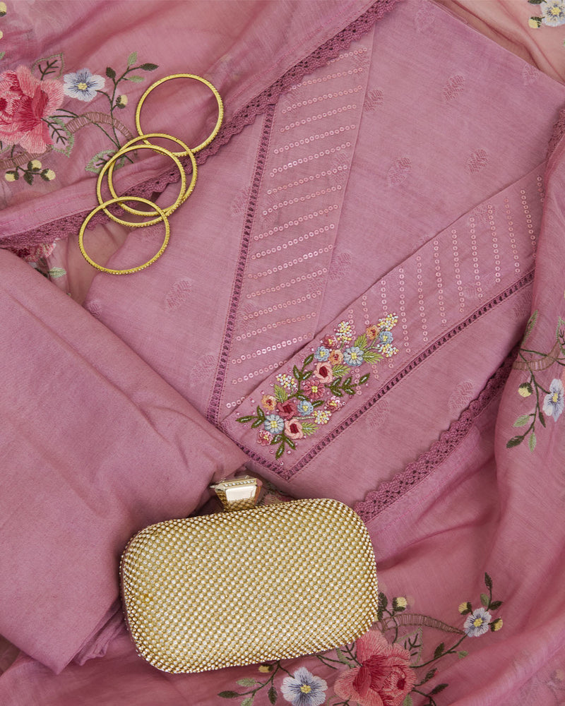 Dusty Pink Mal Chanderi Kurta with Embroidery and Matching Dupatta