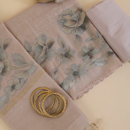 Beige Chanderi Tissue Applique Embroidered Kurta with Dupatta