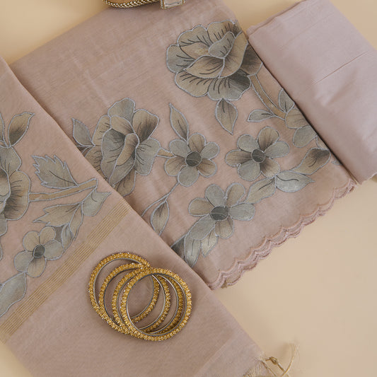 Beige Chanderi Tissue Applique Embroidered Kurta with Dupatta