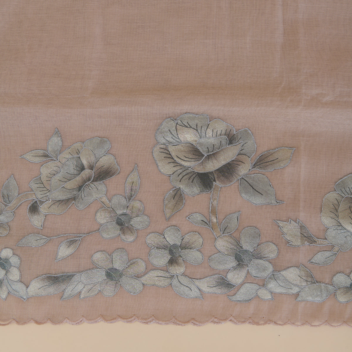 Beige Chanderi Tissue Applique Embroidered Kurta with Dupatta