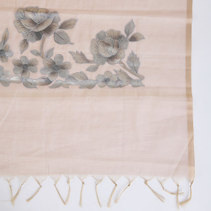 Beige Chanderi Tissue Applique Embroidered Kurta with Dupatta