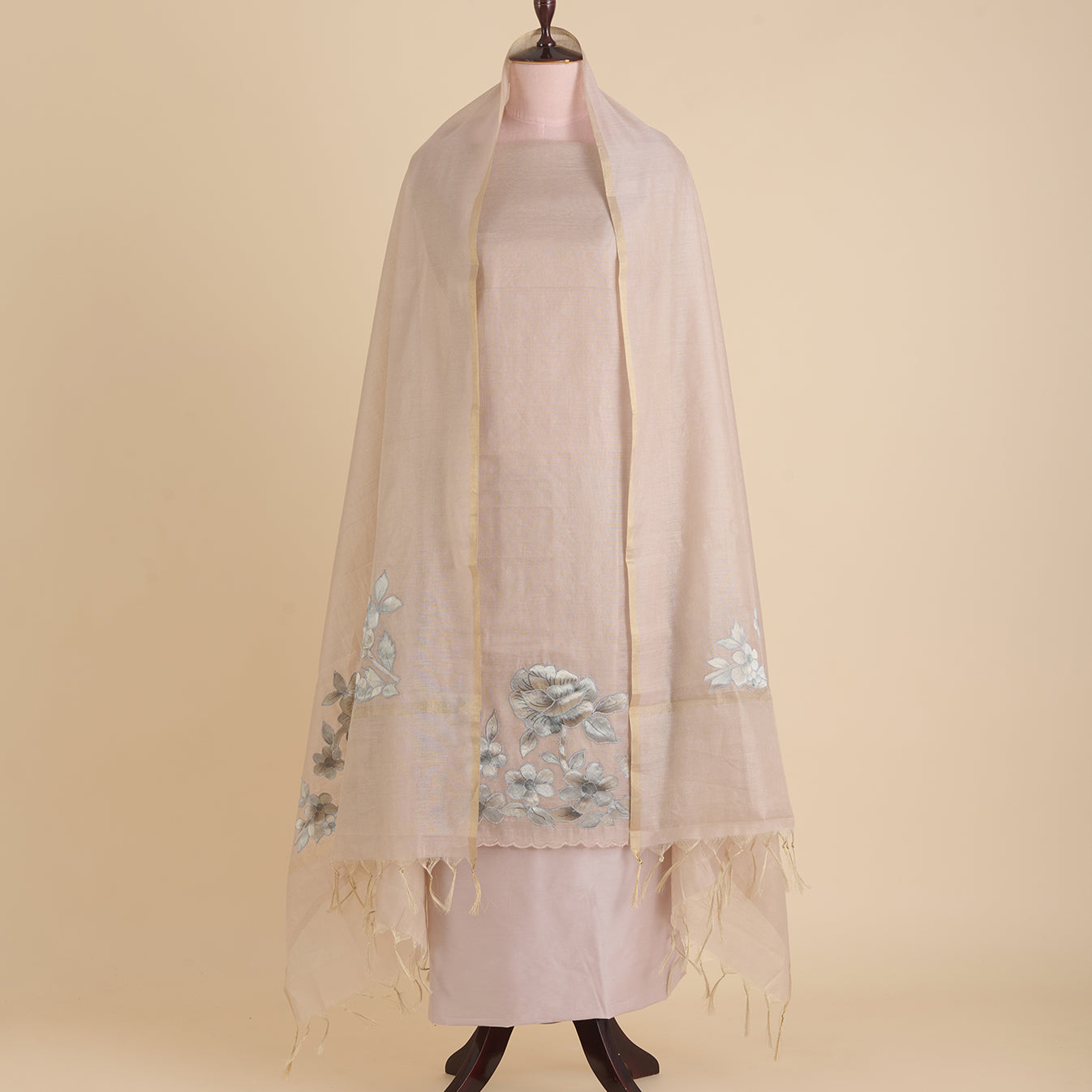 Beige Chanderi Tissue Applique Embroidered Kurta with Dupatta