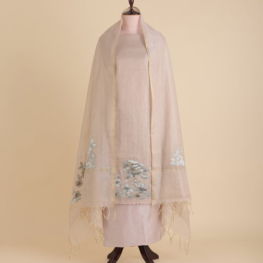 Beige Chanderi Tissue Applique Embroidered Kurta with Dupatta