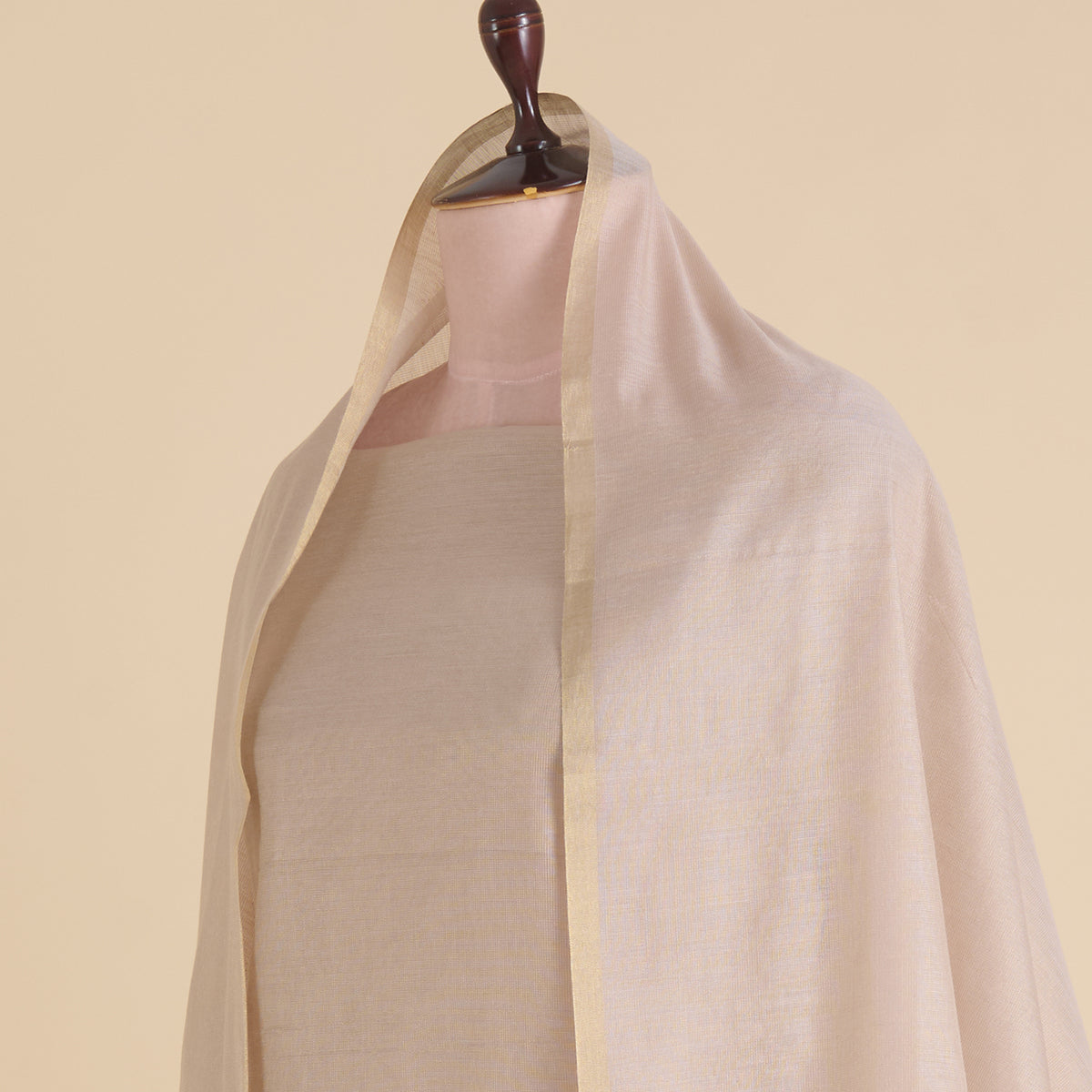 Beige Chanderi Tissue Applique Embroidered Kurta with Dupatta