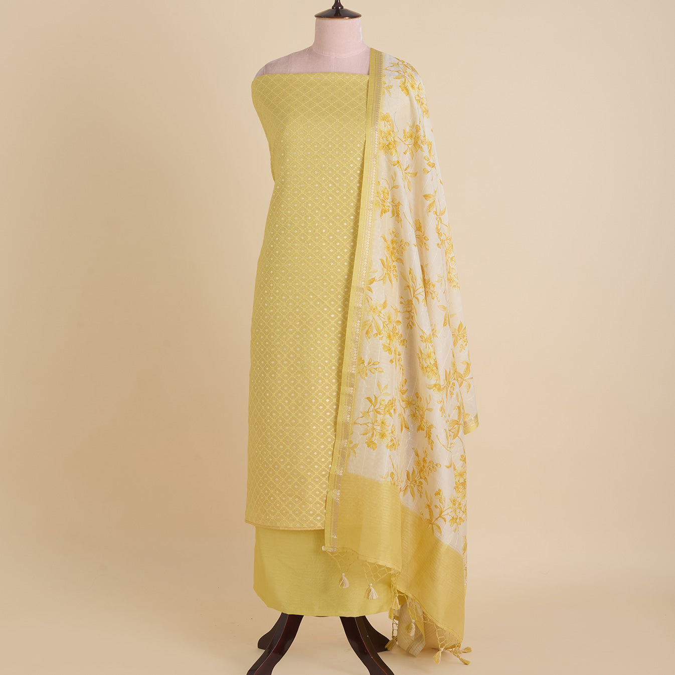 Gold Chanderi Resham Zari Woven Kurta with Katha Dupatta
