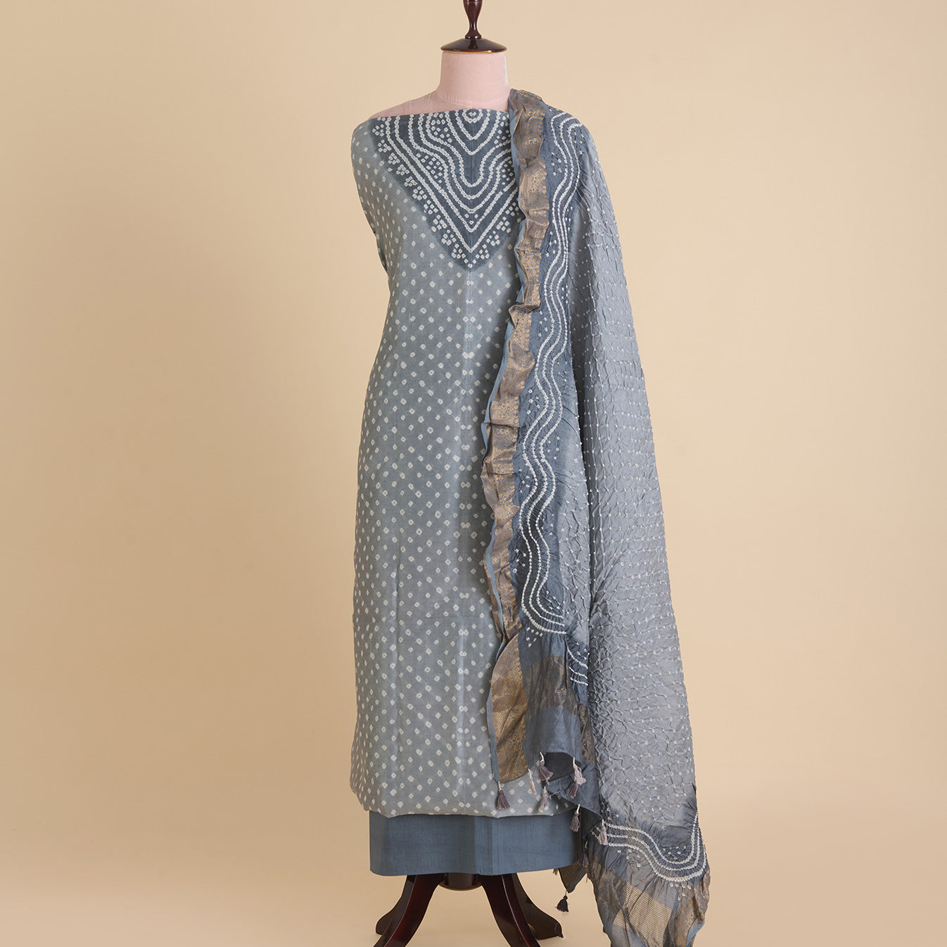 Grey Chanderi Bandhej Suit with Woven Border Dupatta