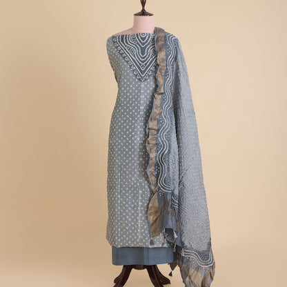 Grey Chanderi Bandhej Suit with Woven Border Dupatta