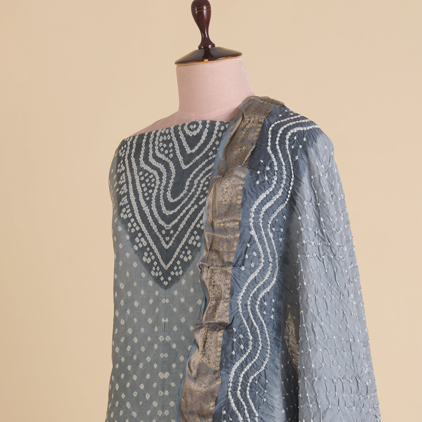 Grey Chanderi Bandhej Suit with Woven Border Dupatta