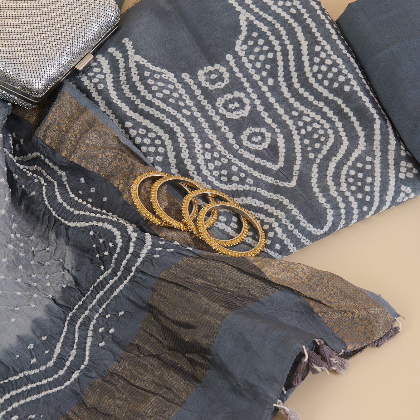 Grey Chanderi Bandhej Suit with Woven Border Dupatta