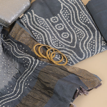 Grey Chanderi Bandhej Suit with Woven Border Dupatta