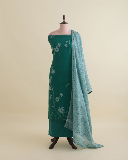 Green Linen Kurta Suit with Applique & Thread Work by Vandana