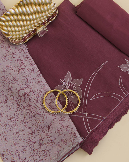 Grape Wine Linen Kurta Suit with Thread & Applique Work by Vandana