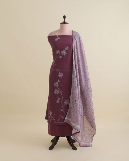 Grape Wine Linen Kurta Suit with Thread & Applique Work by Vandana
