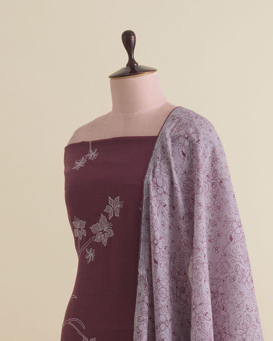 Grape Wine Linen Kurta Suit with Thread & Applique Work by Vandana