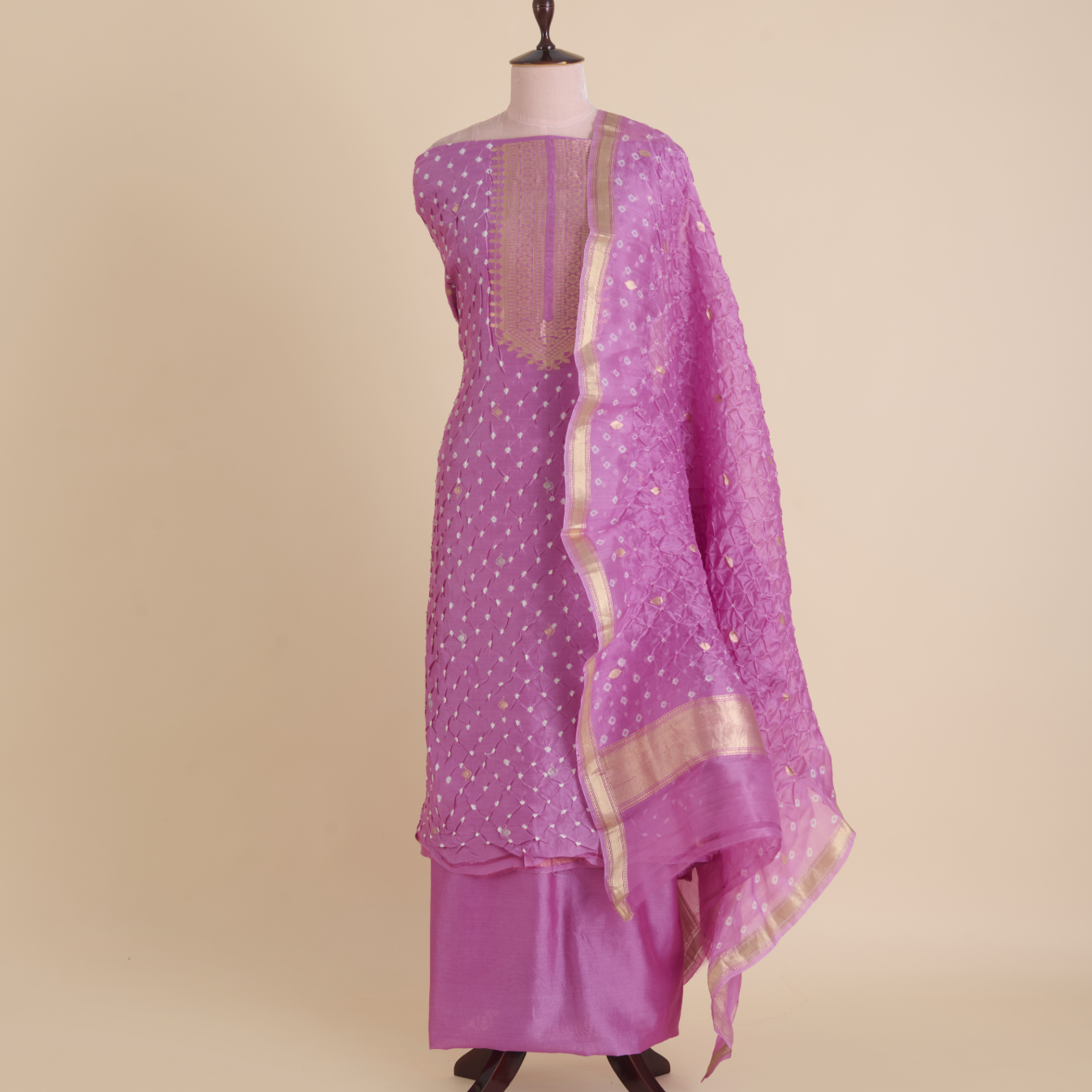 Lilac Chiniya Silk Bandhej Suit with Hand Woven Dupatta